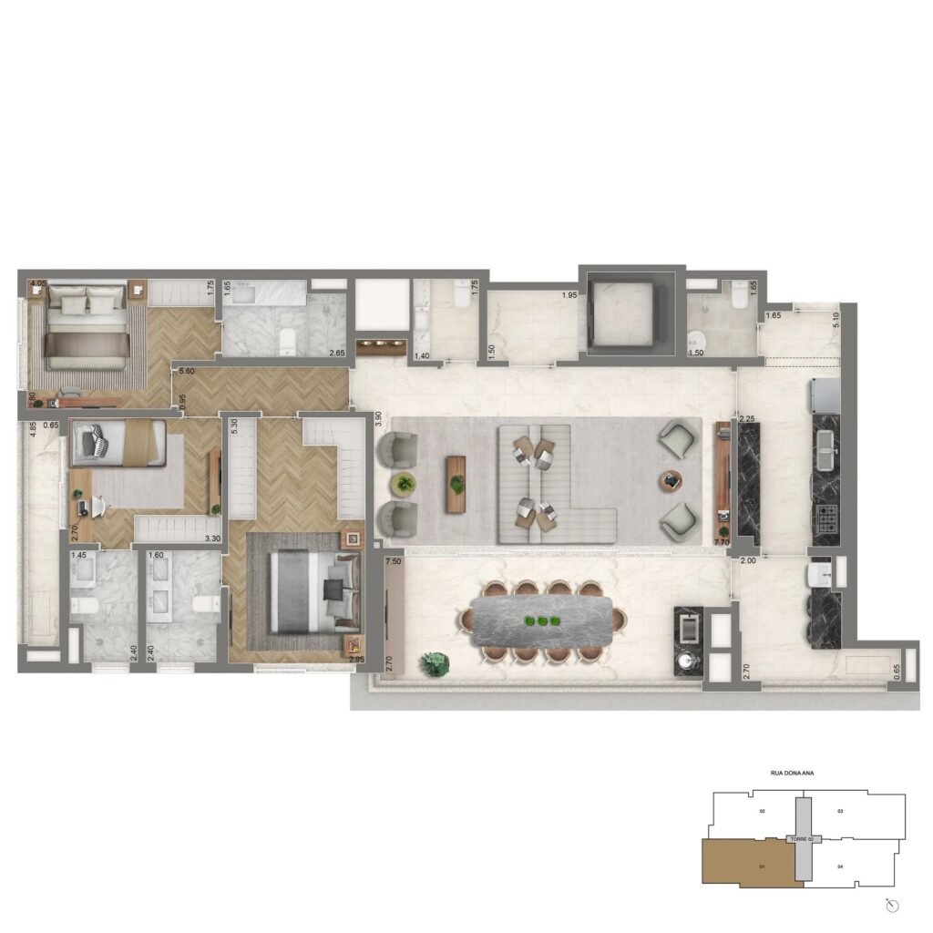 Planta Opção 3 Suítes + Sala Ampliada - 155m2