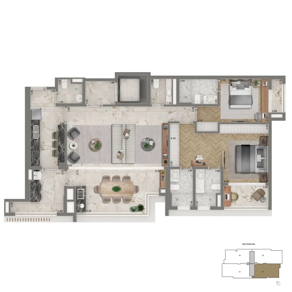 Planta Padrão 2 Suítes + Sala Ampliada - 139m2