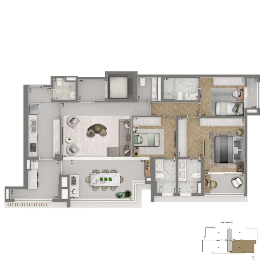 Planta Padrão 3 Suítes 139m2